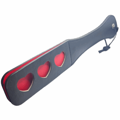Black PU Leather Spanking Paddle with 3 Hearts in Red
