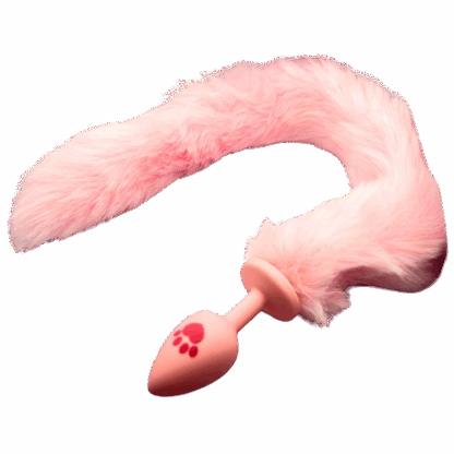 Image of pink fluffy tail attached to butt plug with paw print on it.