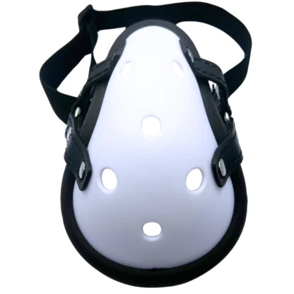 Image of groin protection cup with straps to attach to face.