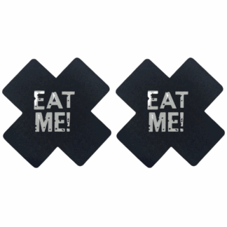 Image of two black nipple stickers with word Eat Me