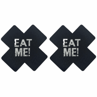 Image of two black nipple stickers with word Eat Me