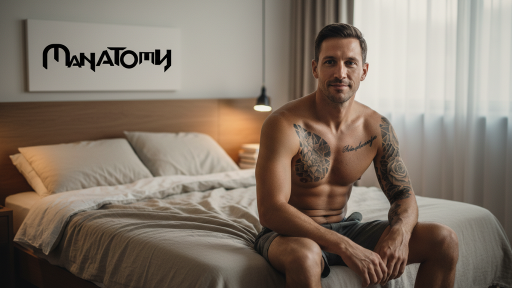 Manatomy Australian male pleasure store lifestyle image featuring a man sitting on a bed with Manatomy branding above
