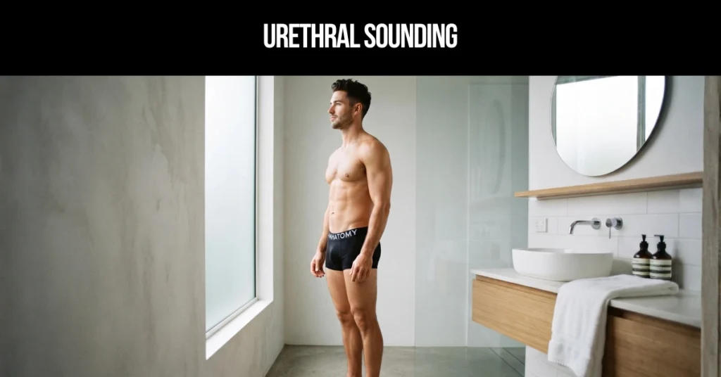 Urethral Sounding title card: a man in black briefs standing in a bright bathroom, looking towards a frosted window.