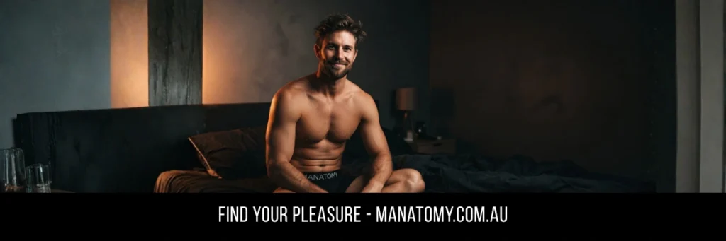 A smiling man sitting cross-legged on a dark bed in warm, low light, above a Find Your Pleasure banner.