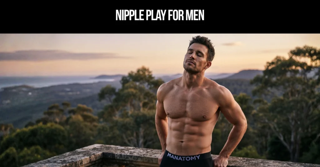 Nipple Play for Men title card: a man with eyes closed, head tilted back, on a lookout above bushland at sunset.