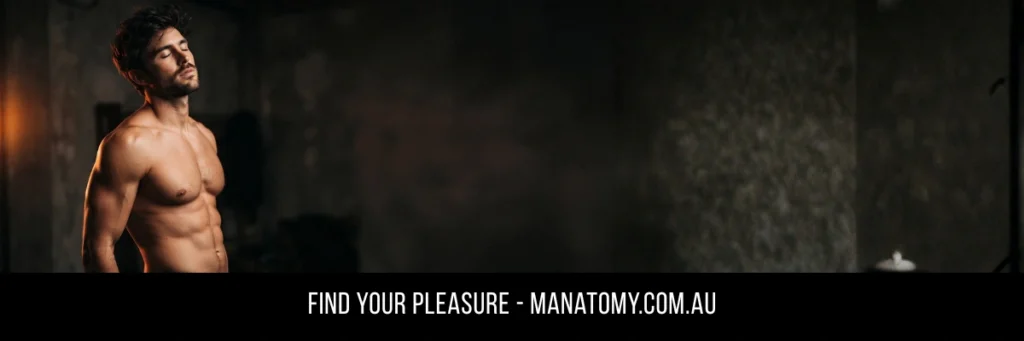 A man with eyes closed and head tilted back against a dark wall, above a Find Your Pleasure banner.