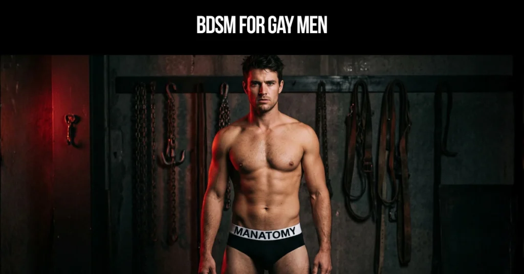 BDSM for Gay Men title card: a man in Manatomy briefs in front of a wall hung with chains and leather straps.
