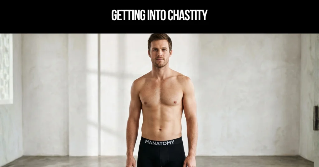Getting Into Chastity title card: a man in black Manatomy trunks standing in a bare, white-walled room.
