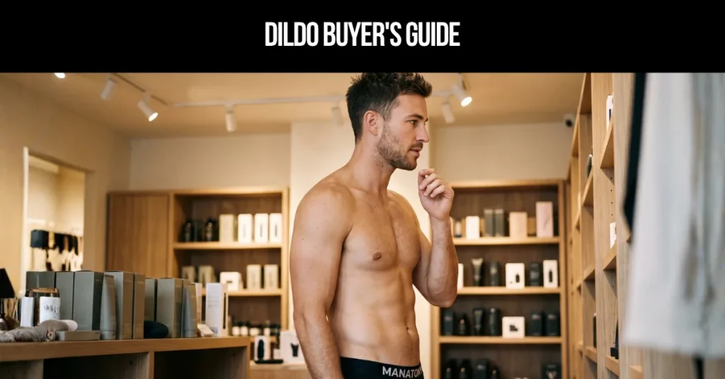 Dildo Buyer's Guide title card: a man with a hand to his chin, thinking, in a bright boutique lined with shelves.