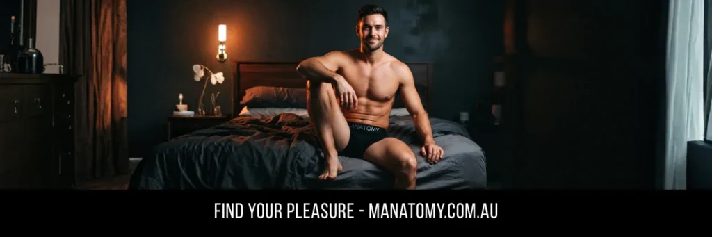 A smiling man sitting on a dark bed with one knee raised, lit by a wall light, above a Find Your Pleasure banner.
