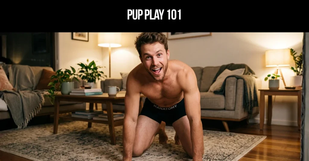 Pup Play 101 title card: a laughing man on his hands and knees on a rug in a lamp-lit living room.