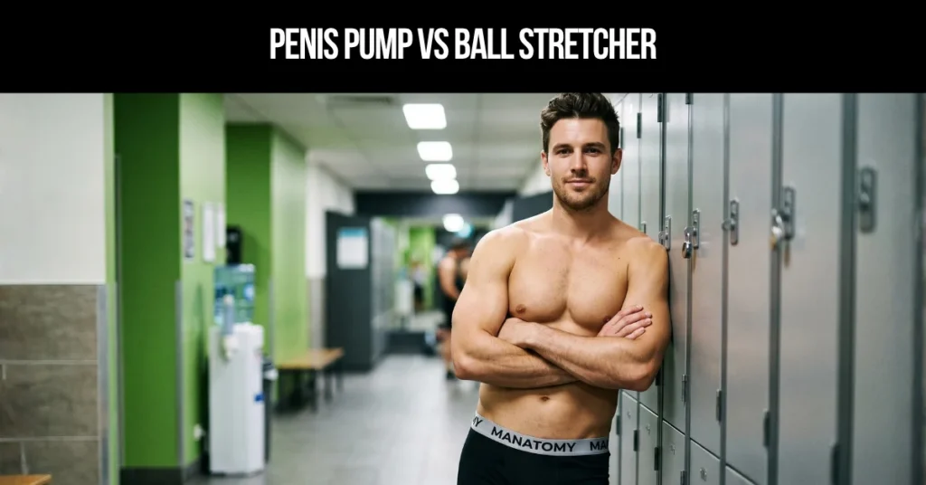 Penis Pump vs Ball Stretcher title card: a man with arms crossed, leaning on lockers in a gym changeroom.