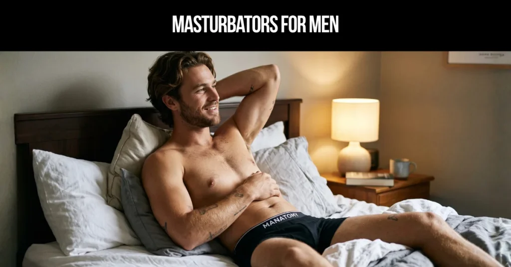 Masturbators for Men title card: a smiling man reclining on a bed, one arm behind his head, beside a lit lamp.