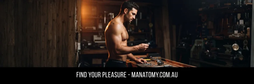 A man at a cluttered workbench in a dark workshop, examining something in his hand, above a Find Your Pleasure banner.