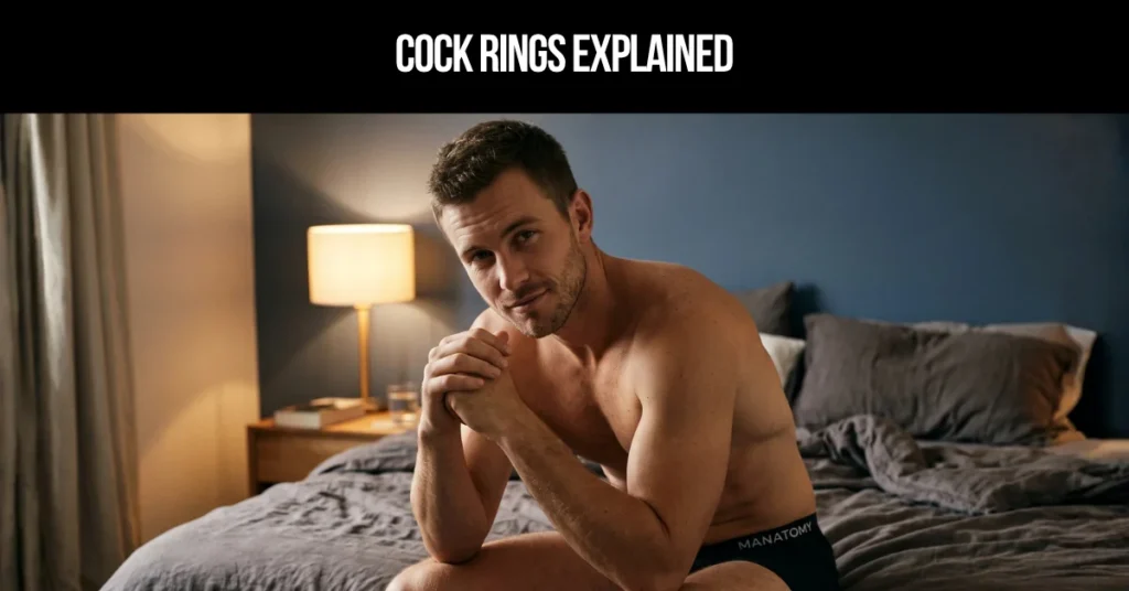 Cock Rings Explained title card: a man on the edge of a bed, chin resting on his clasped hands, beside a lamp.