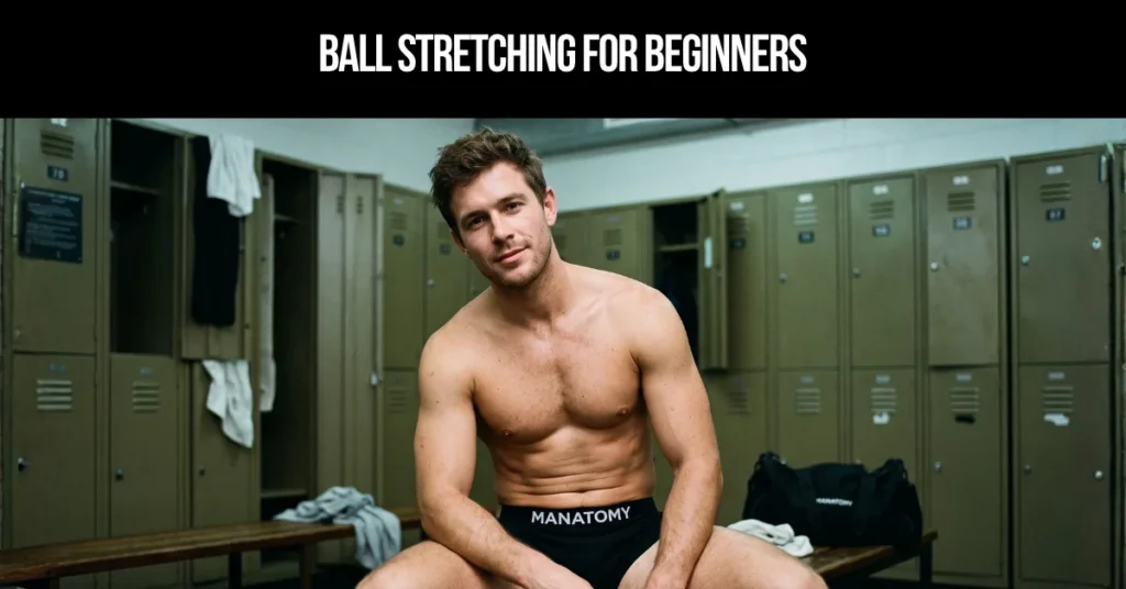 Ball Stretching for Beginners title card: a smiling man sitting on a bench in front of green metal lockers.