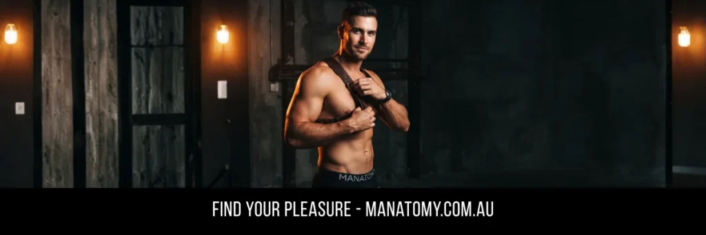A man adjusting a leather harness strap in a dark room lit by wall lamps, above a Find Your Pleasure banner.