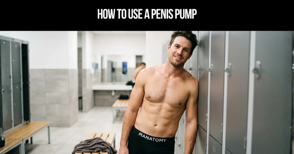 How to Use a Penis Pump title card: a smiling man leaning against grey lockers in a bright changeroom.