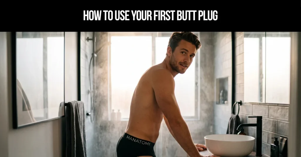 How to Use Your First Butt Plug title card: a man leaning on a bathroom basin, looking back over his shoulder.