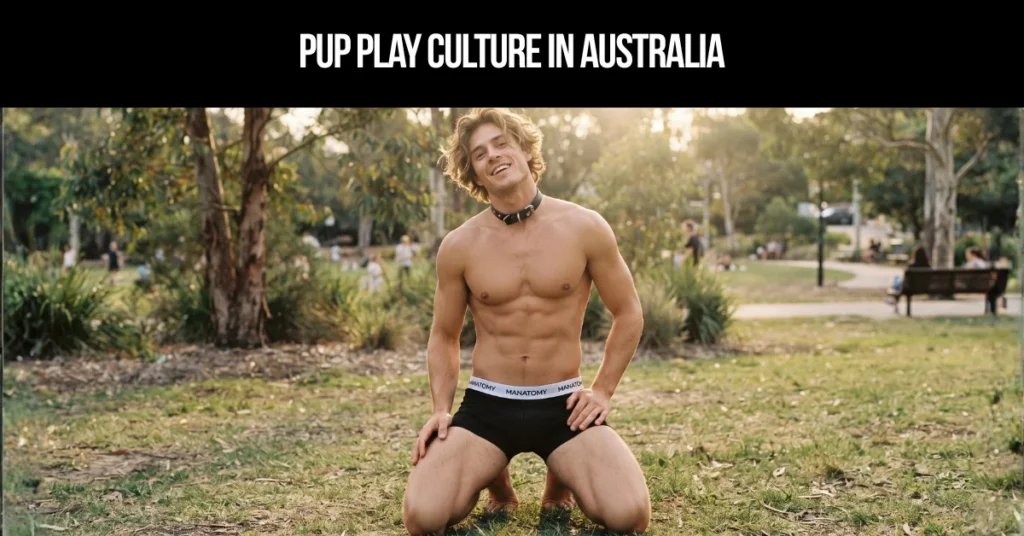 Pup Play Culture in Australia title card: a smiling man in a collar, kneeling on grass in a sunny park.